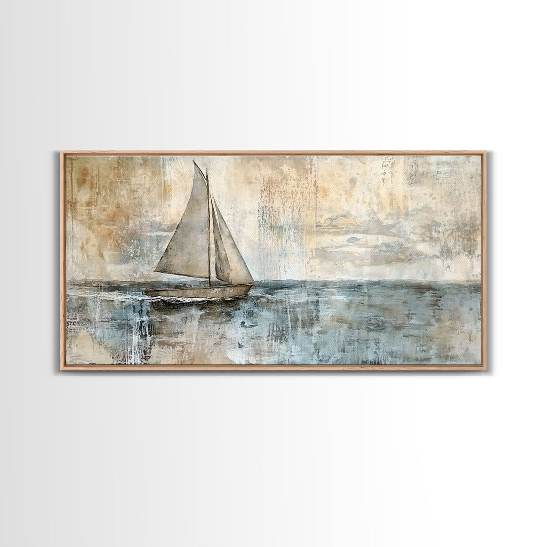 Coastal Sailboat Painting Print, Ready To Hang Art, Framed Canvas, Coastal Art Print For Beach House Decor, Wabi Sabi Sailboat, Inspired Ocean