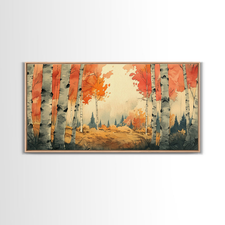 Birch Tree Landscape Painting Print, Accent Piece, Accent Wall Art, Autumn Landscape Canvas Print, Birch Forest Art, Watercolor Birches