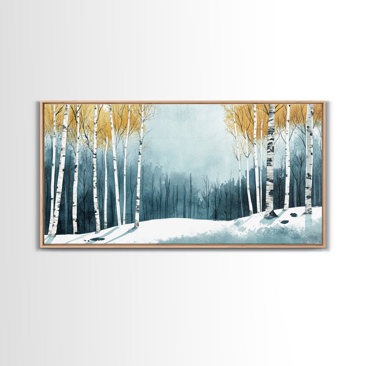 Birch Tree Forest in Winter Framed Canvas Print Ready To Hang Wall Decor, Winter Art, Winter Decor, Birch Painting, Aspen Trees Forest Art