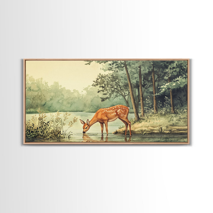 Deer Drinking Water in Forest Painting Print, Deer Painting, Cabin Decor, Cabin Wall Art, Framed Canvas Print, Nature Lover Gift, Nature Art