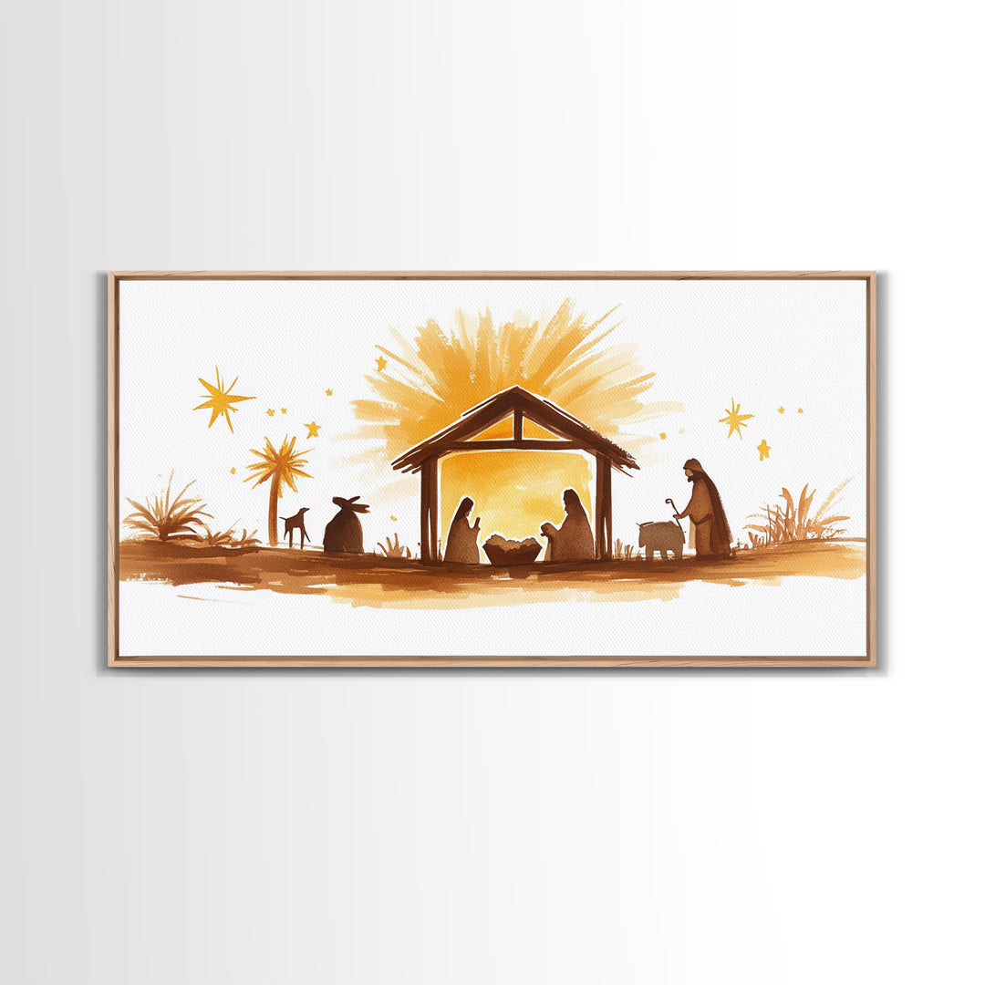 Cute Nativity Watercolor Painting Canvas Print - Framed Wall Art - Ready To Hang - Christmas Nativity Centerpiece Wall Art