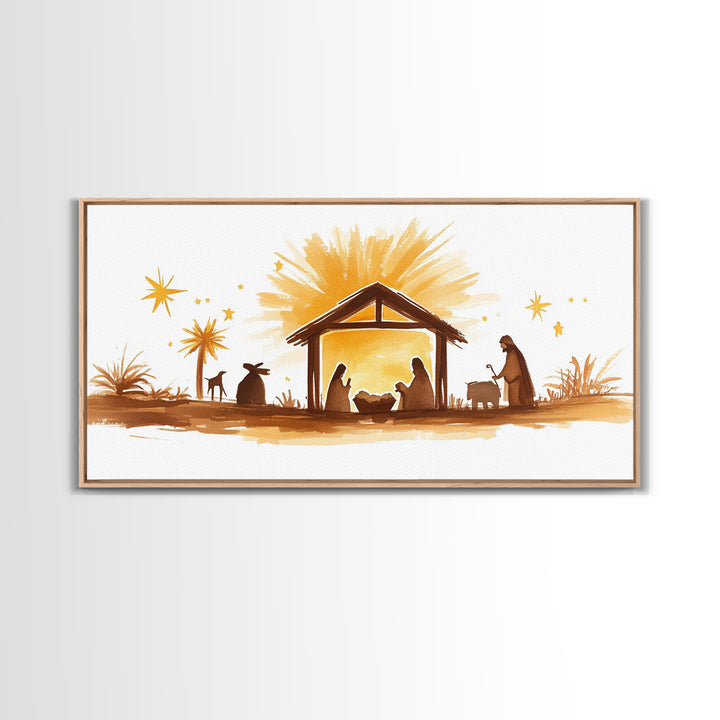 Cute Nativity Watercolor Painting Canvas Print - Framed Wall Art - Ready To Hang - Christmas Nativity Centerpiece Wall Art