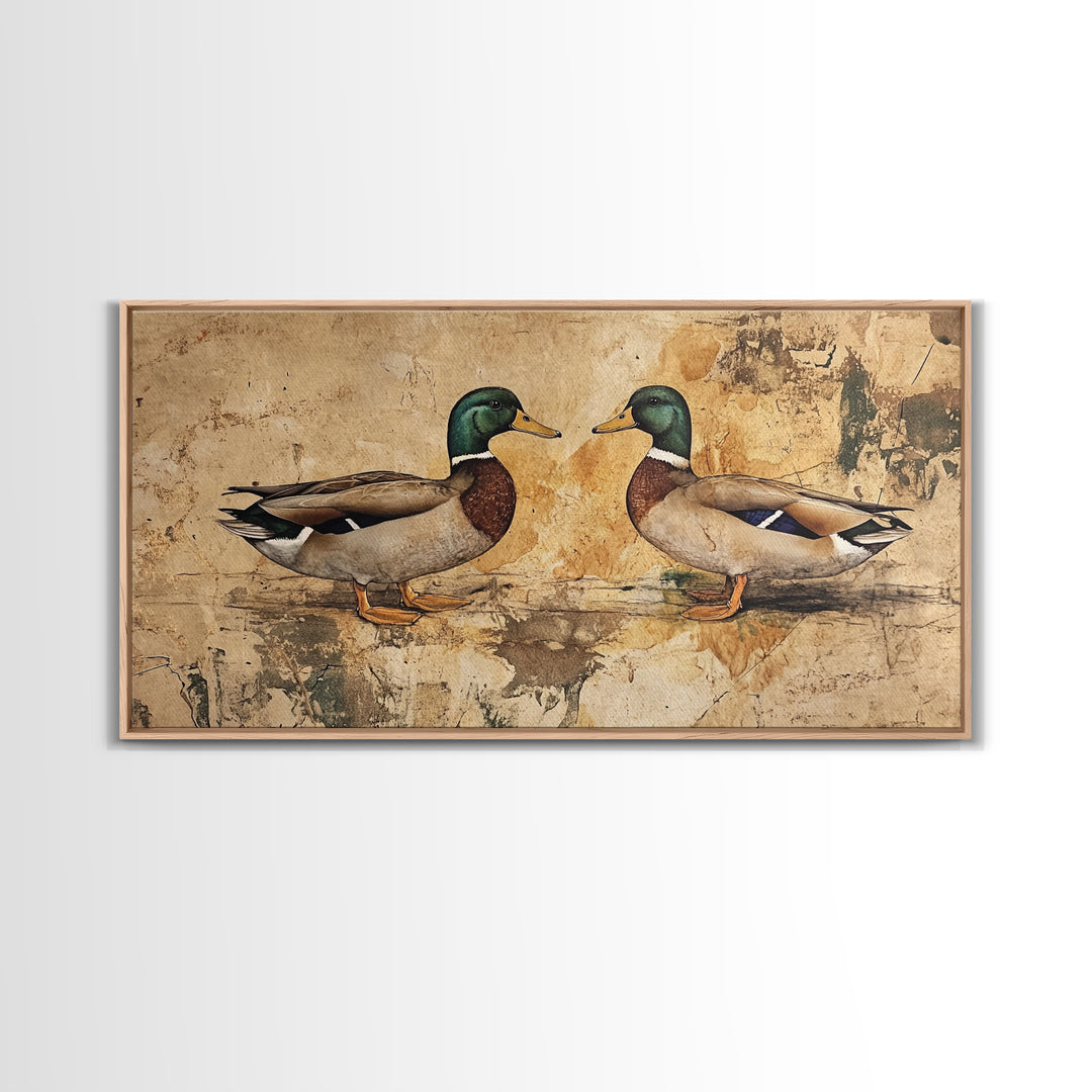 Cute Kissing Mallard Ducks - Rustic Farmhouse Wall Art - Framed Canvas Print - Gift For Hunter or Outdoorsman - Cabin Art - Cabin Decor