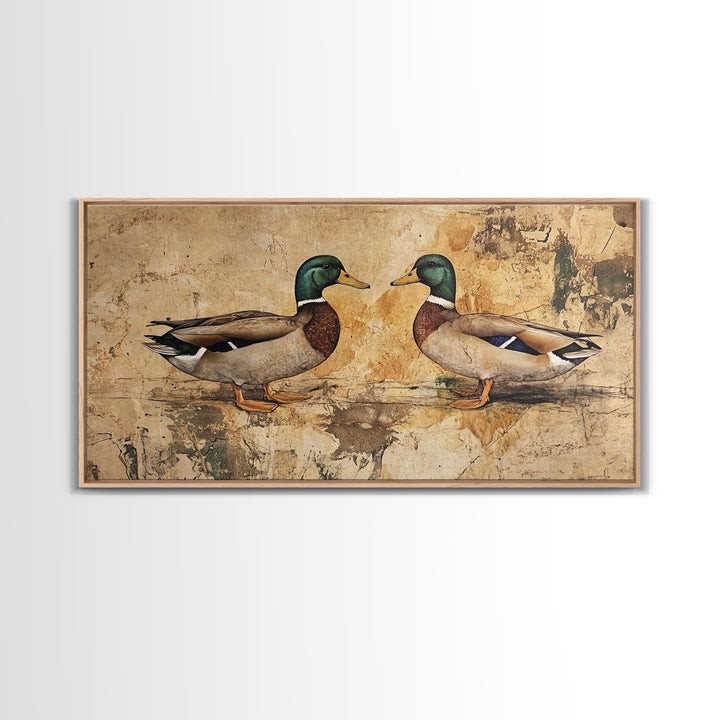 Cute Kissing Mallard Ducks - Rustic Farmhouse Wall Art - Framed Canvas Print - Gift For Hunter or Outdoorsman - Cabin Art - Cabin Decor