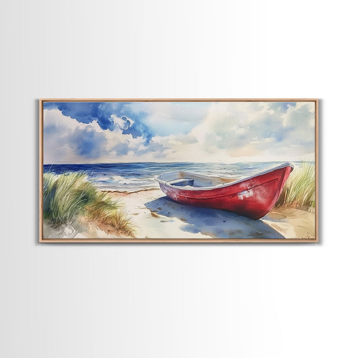 Coastal Decor - Painting of a Canoe On The beach Framed Canvas Print - Maine Painting - Maine Wall Art - Coastal Home Decor - Beach Art
