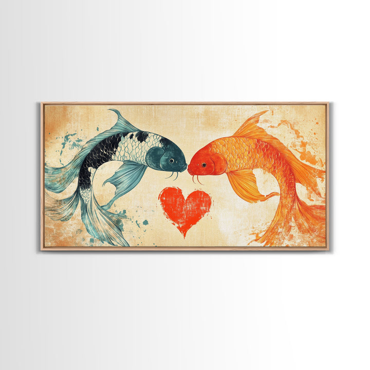 Cute Koi Fish Kissing - Couple Gift Idea - Framed Canvas Print - Valentine's Day Wall Art - Wall Art For Couples - Engagement Gift Idea