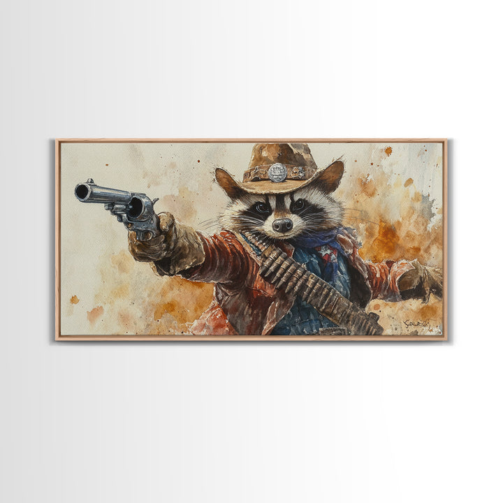 Rootin' Tootin' Cowboy Shootin' Wildwest Cowboy Raccoon Canvas Print - Racoon Painting - Cowboy Raccoon - Wild West Art