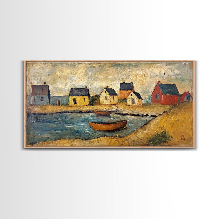 Nautical Landscape Canvas Print, 19th Century Folk Art Seascape Painting, Nautical Decor, Retro Minimalist Seaside Village Oil Painting