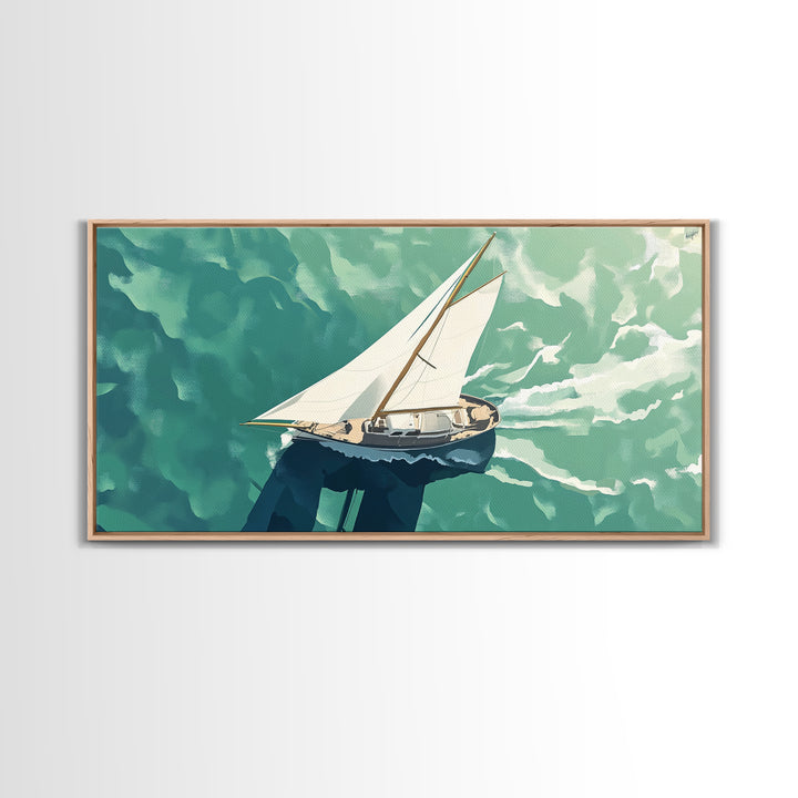 Bird's Eye View of a Sailboat Nautical Painting Print, Framed Canvas Art, Statement Piece, Nautical Centerpiece Wall Art