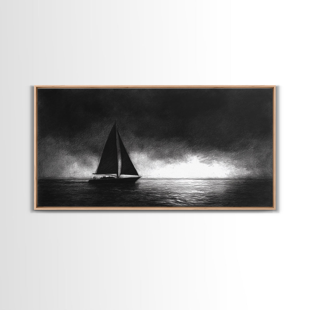 Black and White Sketch Print of a Sailboat In a Storm, Framed Canvas Print, Nautical Wall Art, Nautical Home Decor