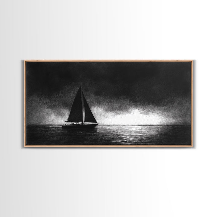 Black and White Sketch Print of a Sailboat In a Storm, Framed Canvas Print, Nautical Wall Art, Nautical Home Decor