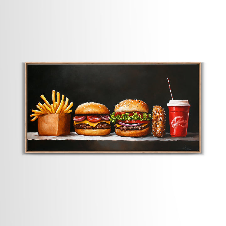 Burger and Fries Framed Canvas Print, Kitchen Canvas Art, Kitchen Wall Art, Burger Painting, Burger Art, Dining Room Wall Art