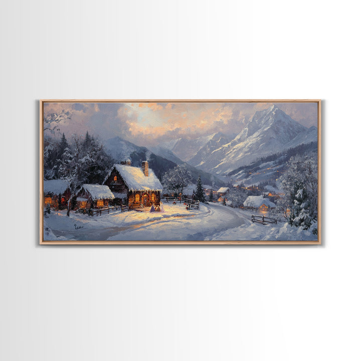 Christmas Mountain Village Oil Painting Print, Framed Canvas, Retro Christmas, Christmas Mountain Landscape Painting, Christmas Art