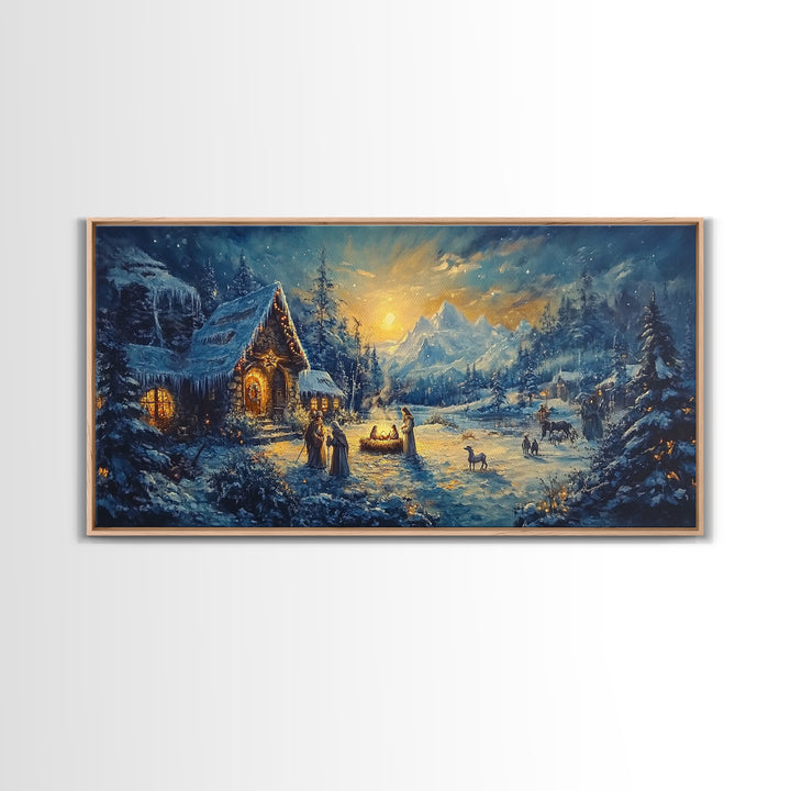 Christmas Nativity Oil Painting Print, Christmas Wall Art, Framed Christmas Canvas Art, Christmas Home Decor, Seasonal Wall Art