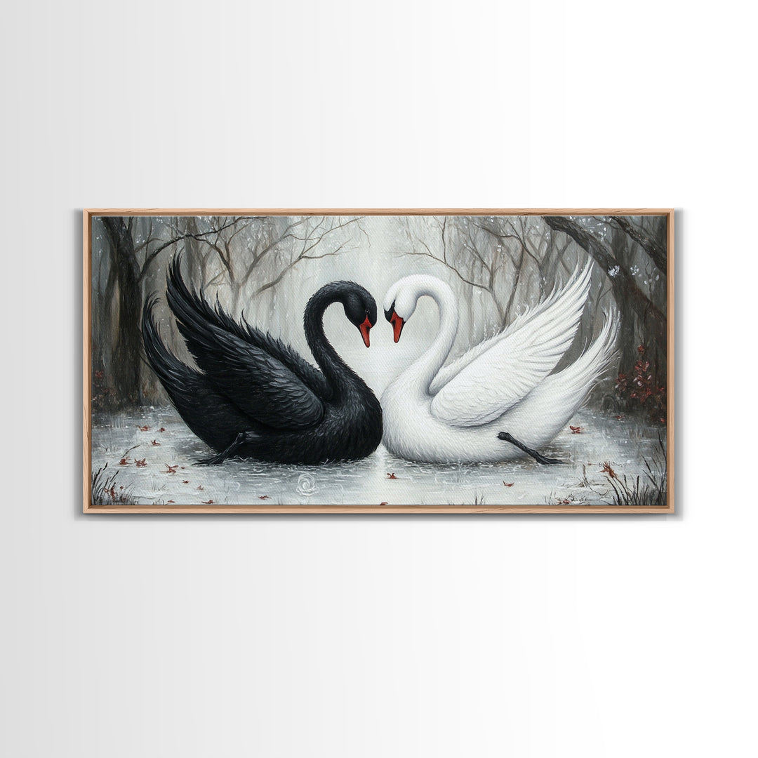 Dark Swans Forming a Heart - Framed Canvas Print - Dark Romance Wall Art - Dark Academia Art - Couple Gift Idea - Goth Art - Gothic Decor