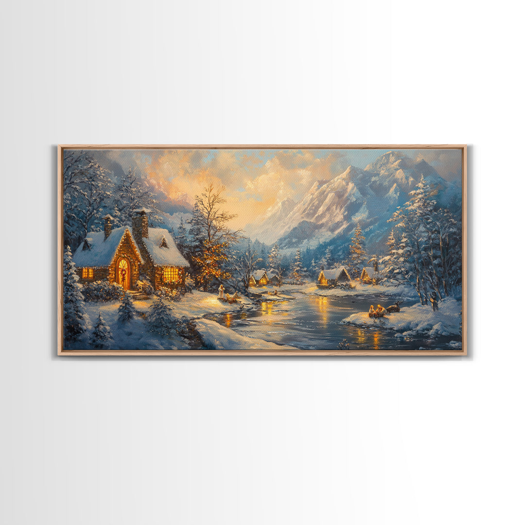 Christmas On The Lake, Christmas Canvas Print, Cabin Decor, Cabin Wall Art, Lake House Wall Art, Christmas home Decor, Christmas Village