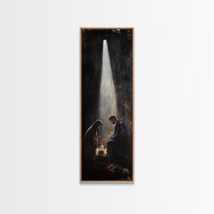 Tall Skinny Nativity Painting Canvas Print, Christmas Wall Art, Christmas Decor, Nativity Oil Painting, Jesues In His Manger