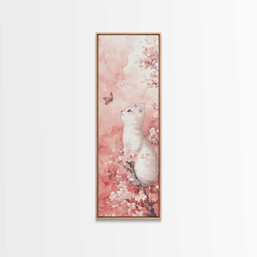White Cat and Butterfly Canvas Print Light Pink Wall Art Cherry Blossom Painting Whimsical Art Bedroom Decor Gift Idea
