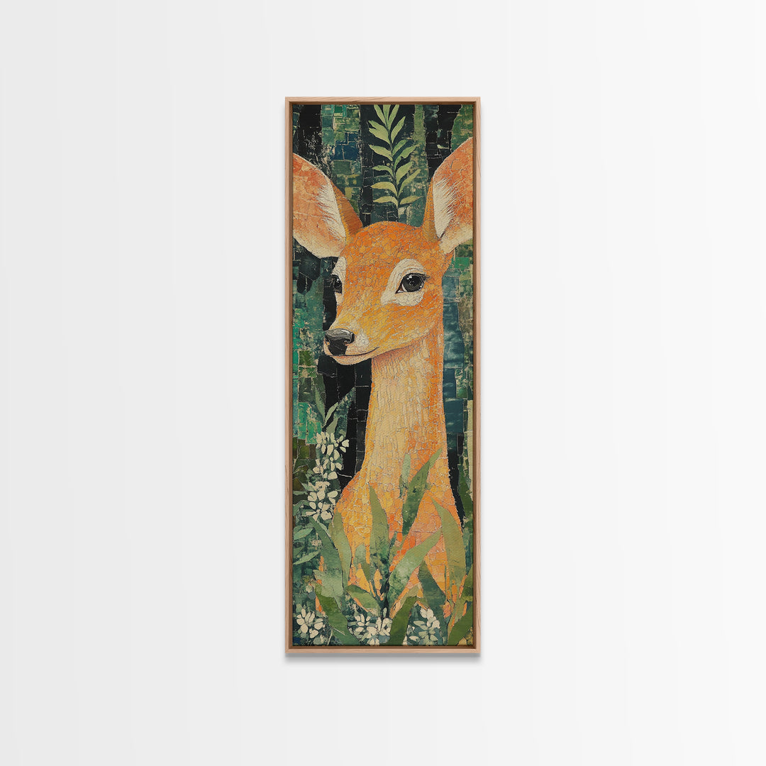 Canvas Print of Gentle Deer in Floral Forest, Boho Art, Whimsical Wall Art, Animal Decor, Tall Narrow Wall Art, Woodland Theme