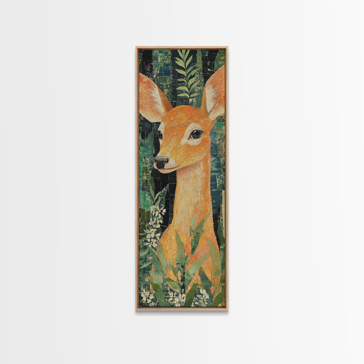 Canvas Print of Gentle Deer in Floral Forest, Boho Art, Whimsical Wall Art, Animal Decor, Tall Narrow Wall Art, Woodland Theme
