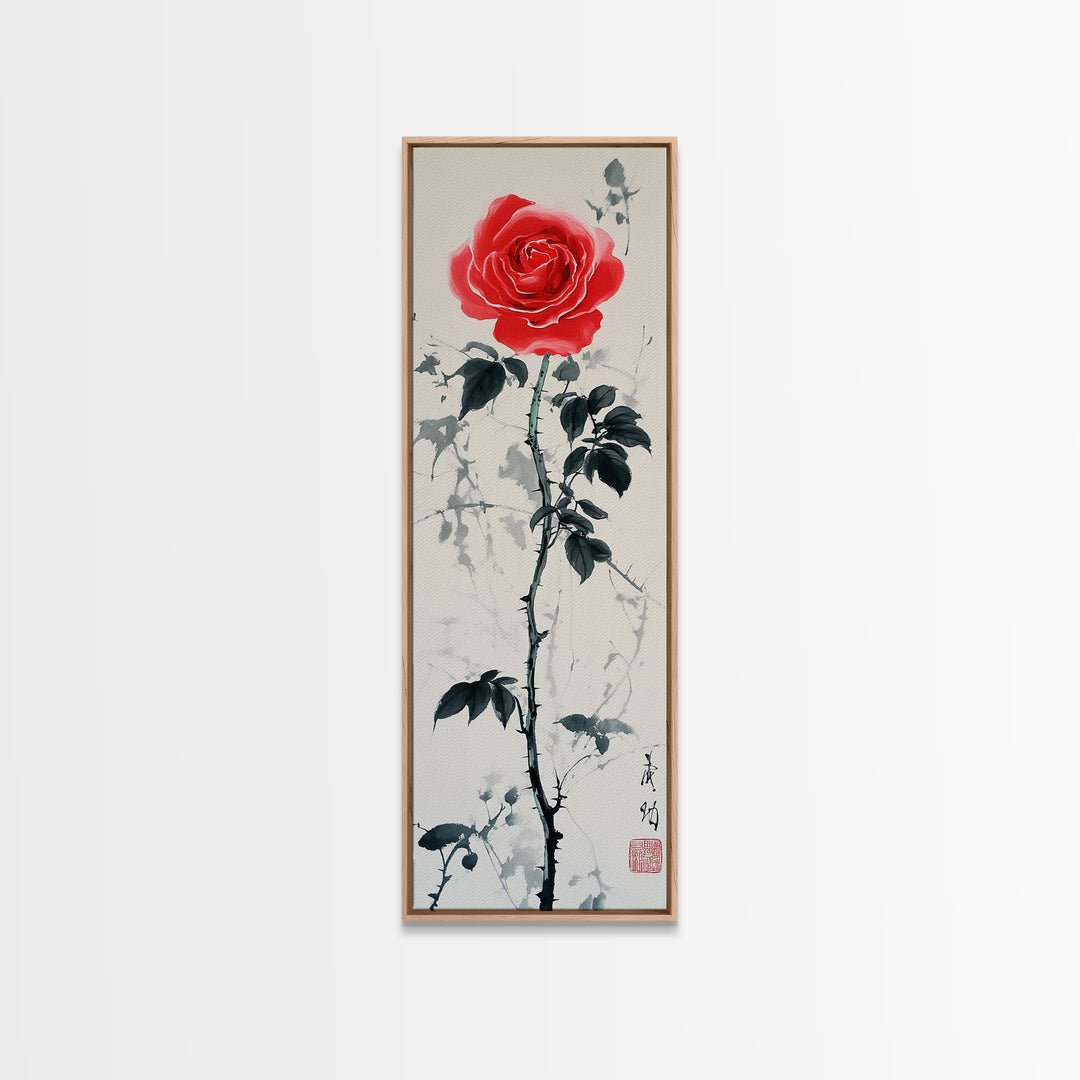 Canvas Print of Asian Style Red Rose, Art Nouveau Print, Botanical Art, Above Sofa Decor, Elegant Home Decor, Floral Wall Art