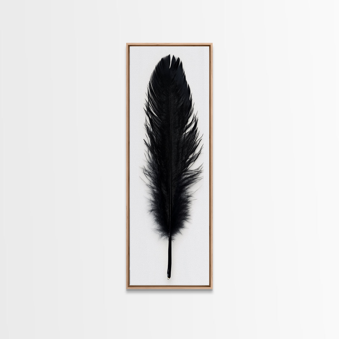 Black Feather Wall Art, Black Feather Painting Canvas Print, Boho Minimalist Home Decor, Feather Art, Tall Narrow Art, Skinny Art