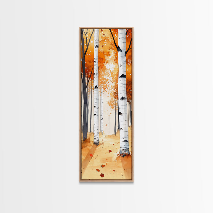 Autumn Birch Trees Framed Canvas Print – Rustic Decor, Tall Narrow Art, Cozy Fall Vibes, Birch Tree Art, Living Room Art, Above Bed Wall Art