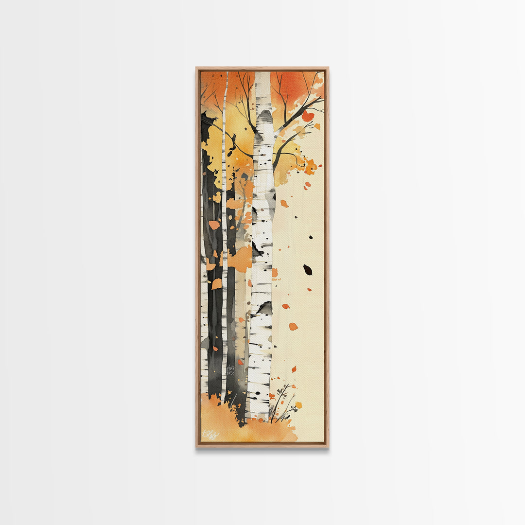 Autumn Forest Path Framed Canvas Print – Cozy Fall Art, Rustic Wall Art, Birch Tree Painting, Skinny Wall Art, Bedroom Wall Art, Autumn Decor