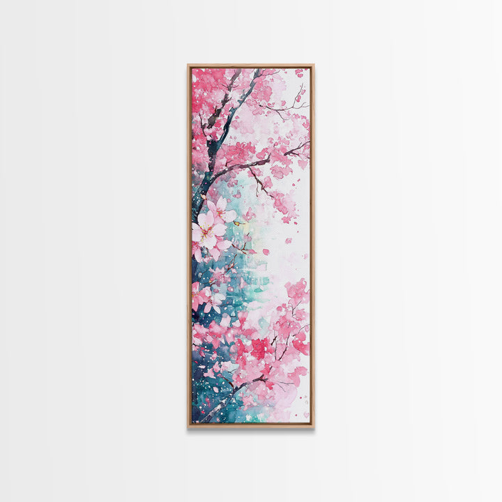 Blooming Pink Sakura Flowers Art - Framed Canvas Print for Japanese Decor, Cherry Blossom Art, Botanical Wall Decor, Pink Floral Painting