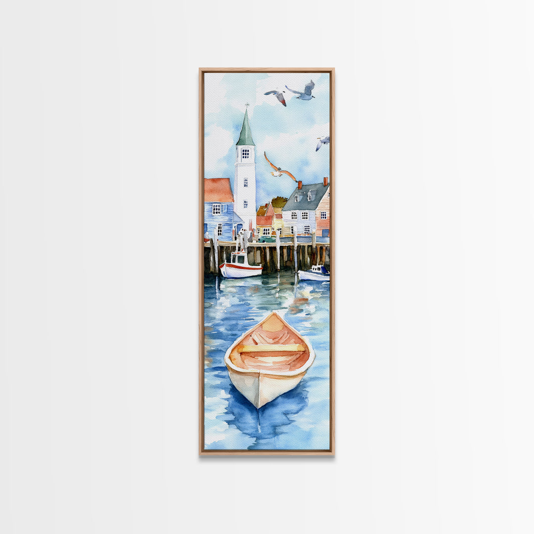 Tranquil Coastal Village with Seagulls Painting - Canvas Print for Nautical Wall Art, Coastal Scene Decor, Ocean-Inspired Art, Harbor Home Decor