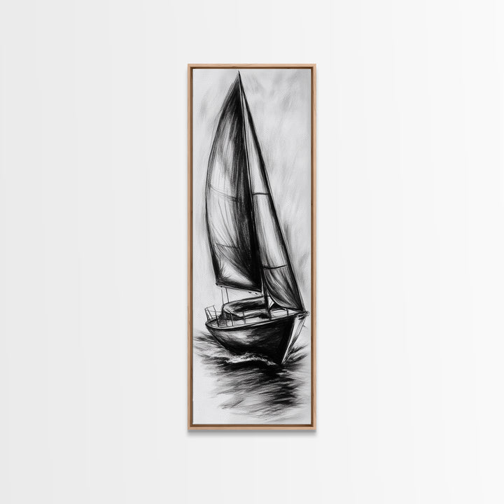 Charcoal Sketch of a Sailboat, Framed Canvas Print, Nautical Decorl Nautical Wall Art, Sailboat Painting, Sail Boat Art, Tall Skinny Wall Art