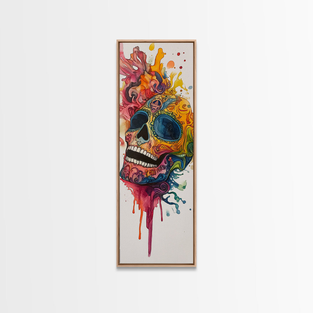 Sugar Skull Painting Print, Mexicano Wall Art, Framed Canvas, Tall Narrow Art, Skinny Accent Piece, Skull Painting, Skull Art, Chicano Art