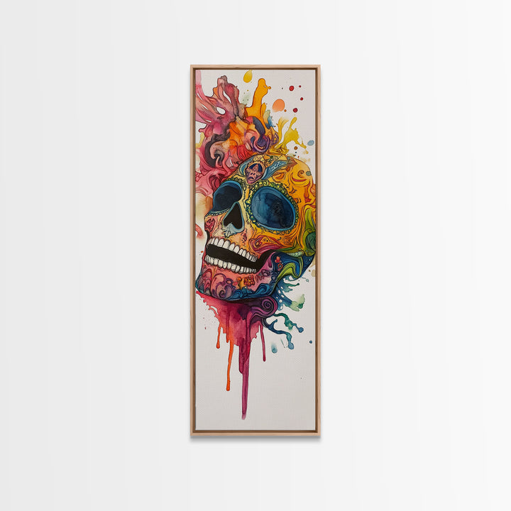 Sugar Skull Painting Print, Mexicano Wall Art, Framed Canvas, Tall Narrow Art, Skinny Accent Piece, Skull Painting, Skull Art, Chicano Art