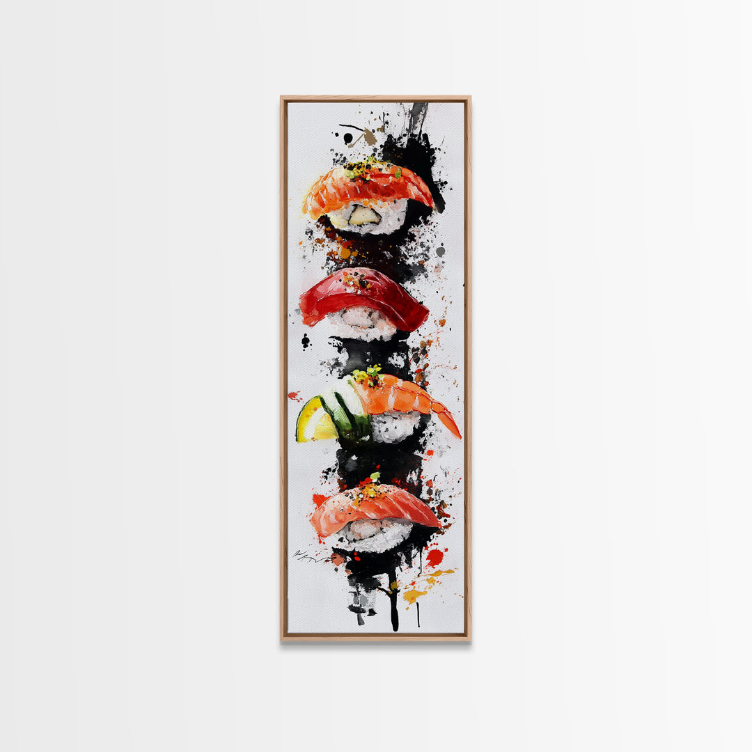 Abstract Art For Kitchen - Framed Canvas Print - Sushi Painting - Sushi Art - Kitsch Kitchen Wall Art - Tall Skinny Art - Narrow Wall Art - Kitchen Decor