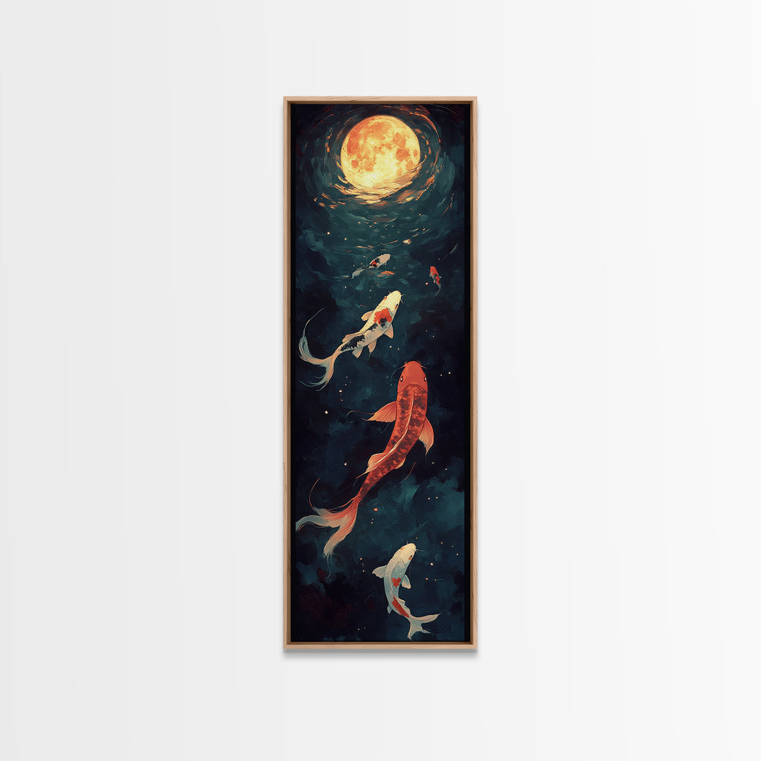 Koi Fish Under a Full Moon, Framed Canvas Print, Wabi Sabi Home Decor, Funky Boho Wall Art, Tall Skinny Art, Narrow Tall Wall Art