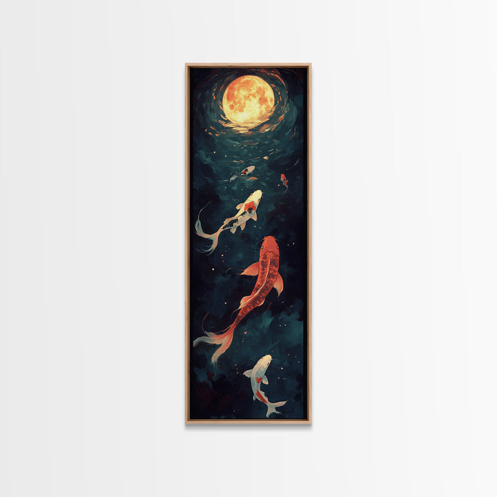 Koi Fish Under a Full Moon, Framed Canvas Print, Wabi Sabi Home Decor, Funky Boho Wall Art, Tall Skinny Art, Narrow Tall Wall Art