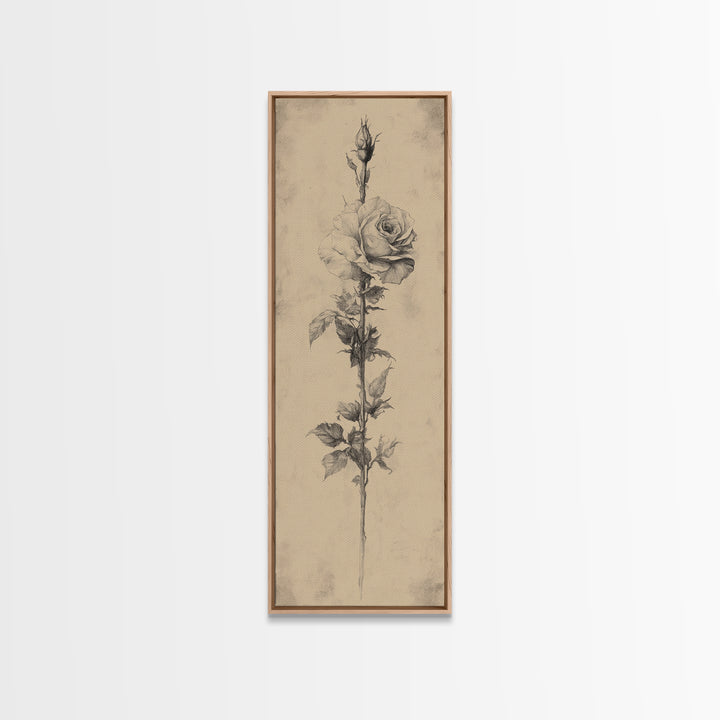 Black and White Sketch of a Rose, Framed Canvas Print, Narrow Art, Tall Skinny Art, Flower Painting, Paint of a Rose, Floral Prints