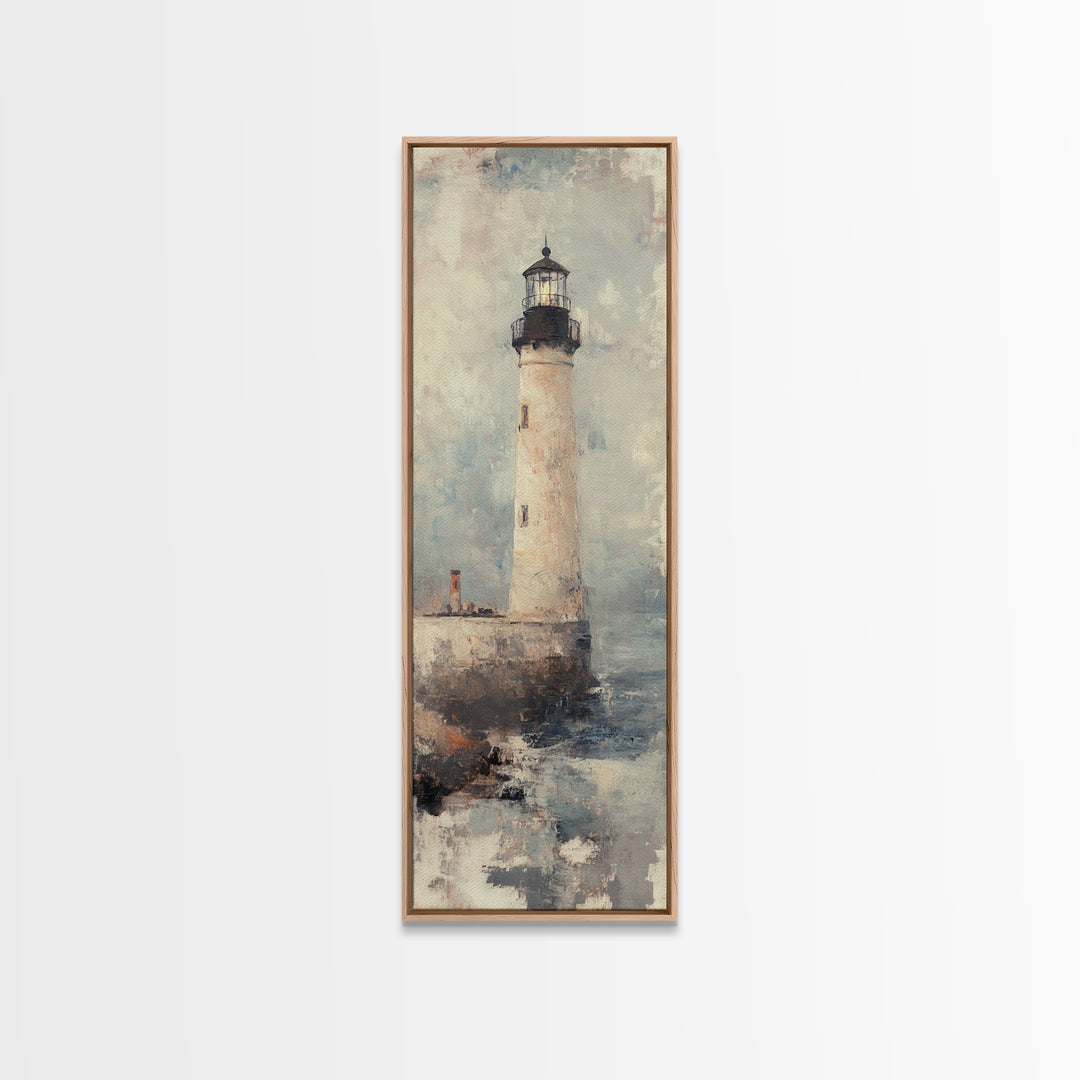 The Light House Framed Canvas Print - Nautical Seascape Painting - Lighthouse Art - Coastal Seascape Painting Tall Narrow Wall Art