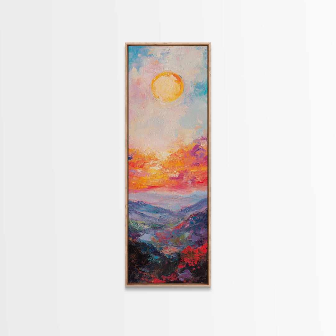 Abstract Oil Painting Print of a Sunset Over The mountains - framed canvas - ready to hang - tall narrow wall art - skinny accent piece wall art