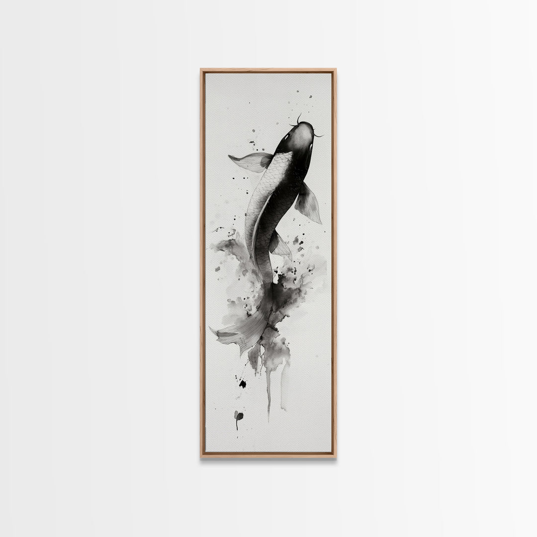 Tall Skinny Koi Fish Painting Print, Black and White Wabi Sabi Wall Art, Koi Fish Wall Decor, Japanese Style Elegant Artwork, Narrow Wall Art