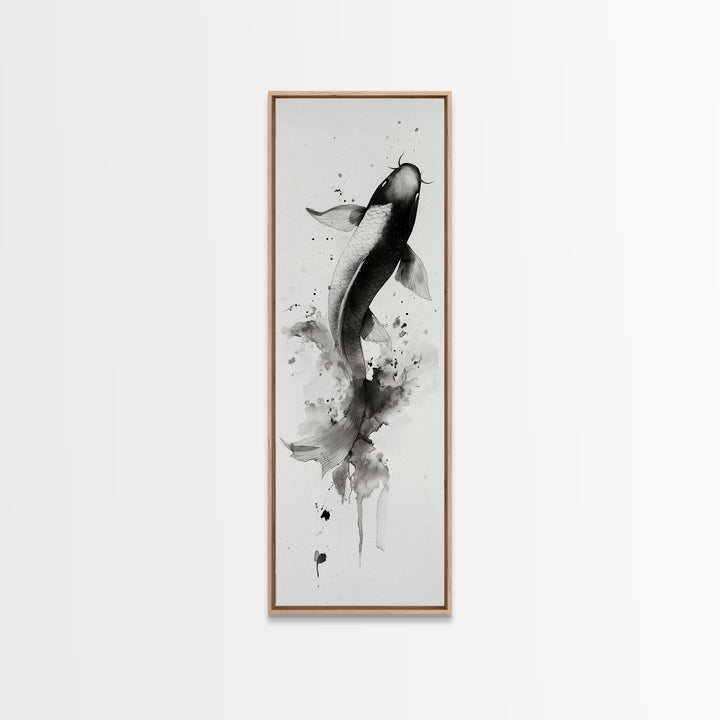 Tall Skinny Koi Fish Painting Print, Black and White Wabi Sabi Wall Art, Koi Fish Wall Decor, Japanese Style Elegant Artwork, Narrow Wall Art