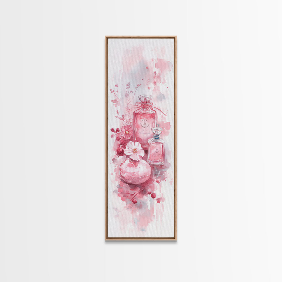 Elegant Perfume Bottles Framed Canvas Print Pink Abstract Art Wabi Sabi Decor Light Pink Bedroom Artwork Feminine Minimalist Wall Art