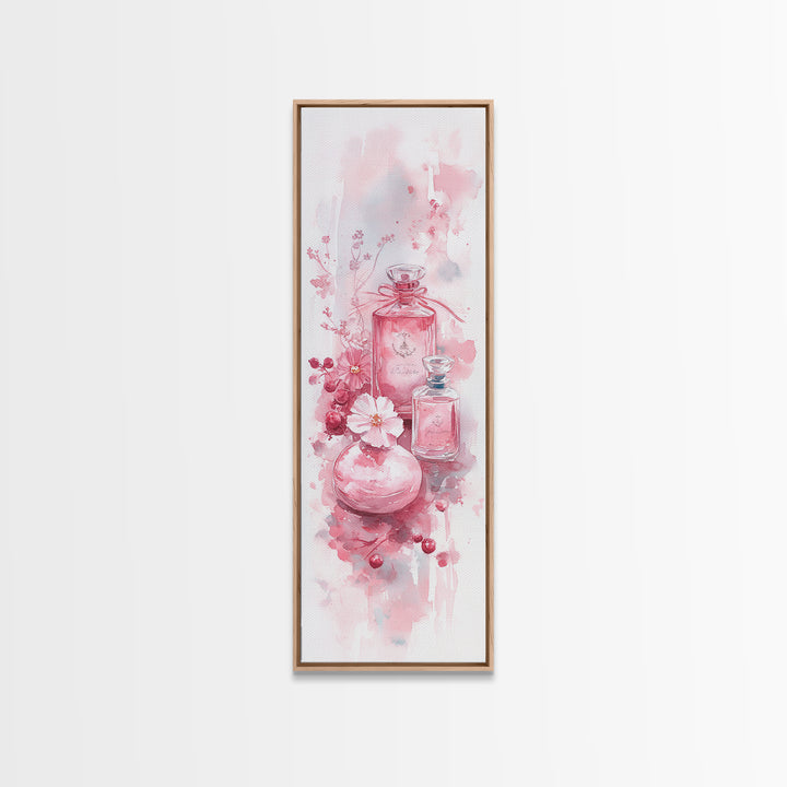 Elegant Perfume Bottles Framed Canvas Print Pink Abstract Art Wabi Sabi Decor Light Pink Bedroom Artwork Feminine Minimalist Wall Art