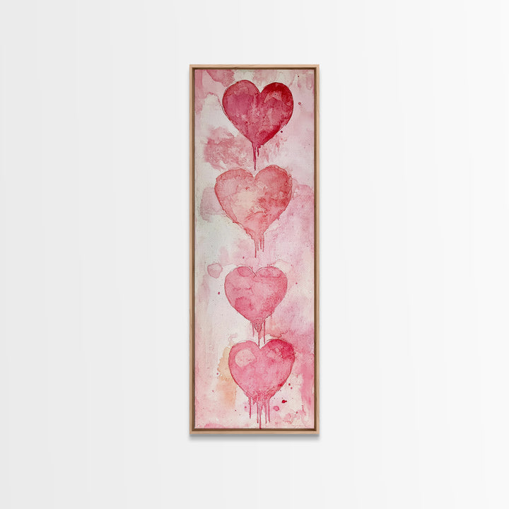 Watercolor Dripping Hearts Framed Canvas Print, Romantic Pink Abstract Art, Light Pink Wall Decor Valentine’s Day Gift Bedroom Art