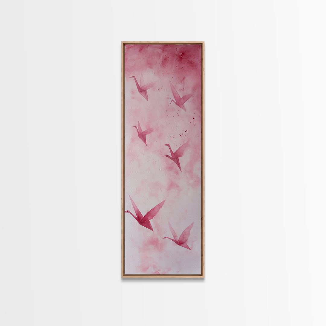 Crane Flight Canvas Print, ethereal origami bird painting in pink abstract hues, tall narrow wall art with zen minimalist aesthetic.