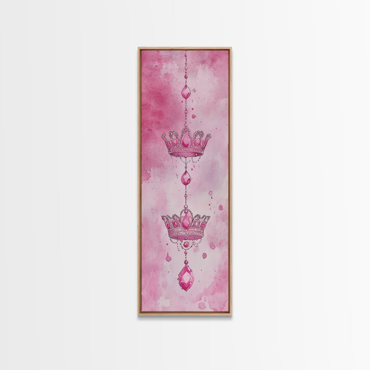 Regal Crown Gem Painting Framed Canvas Print Featuring Pink Abstract Art with Sparkling Gemstone Accents for Whimsical Wall Art Spaces