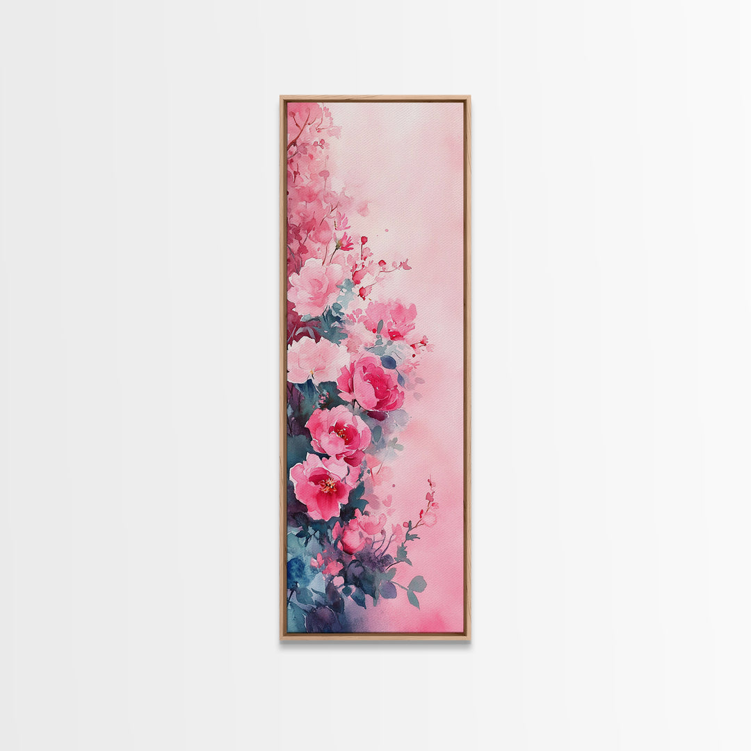 Romantic Rose Painting Framed Canvas Print with Light Pink Wall Art Featuring Cherry Blossom Details and Cozy Bedroom Decor Accents