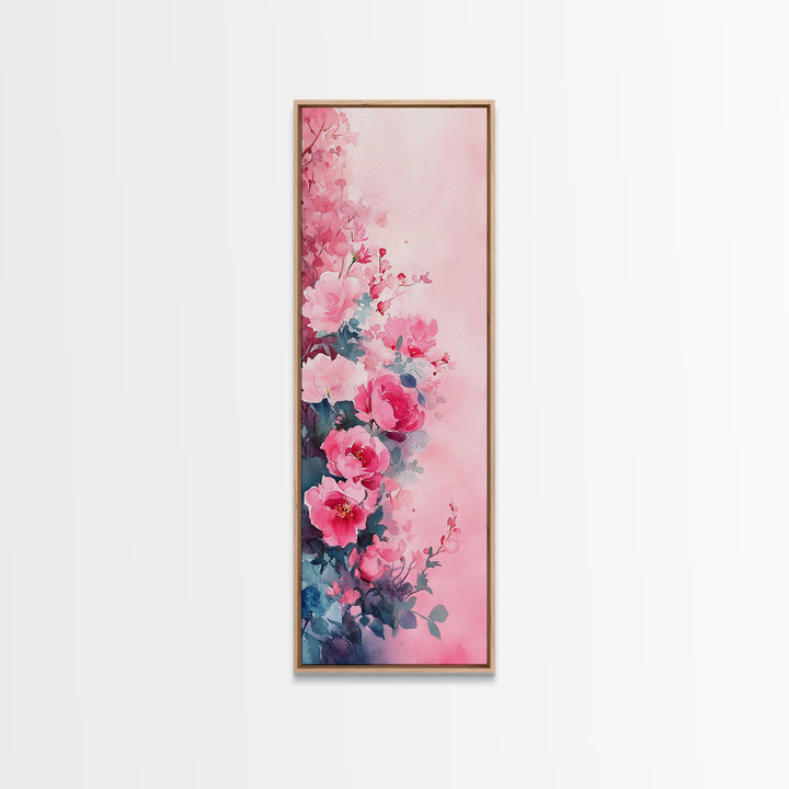 Romantic Rose Painting Framed Canvas Print with Light Pink Wall Art Featuring Cherry Blossom Details and Cozy Bedroom Decor Accents