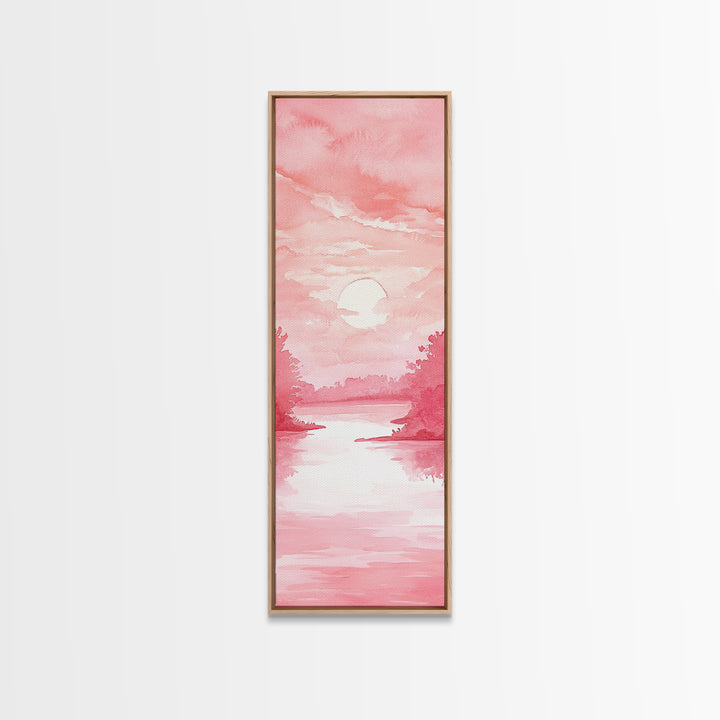 Serene Sunset Landscape Painting Framed Canvas Print with Light Pink Tones for Calm Living Room Art or Above Sofa Wall Decoration