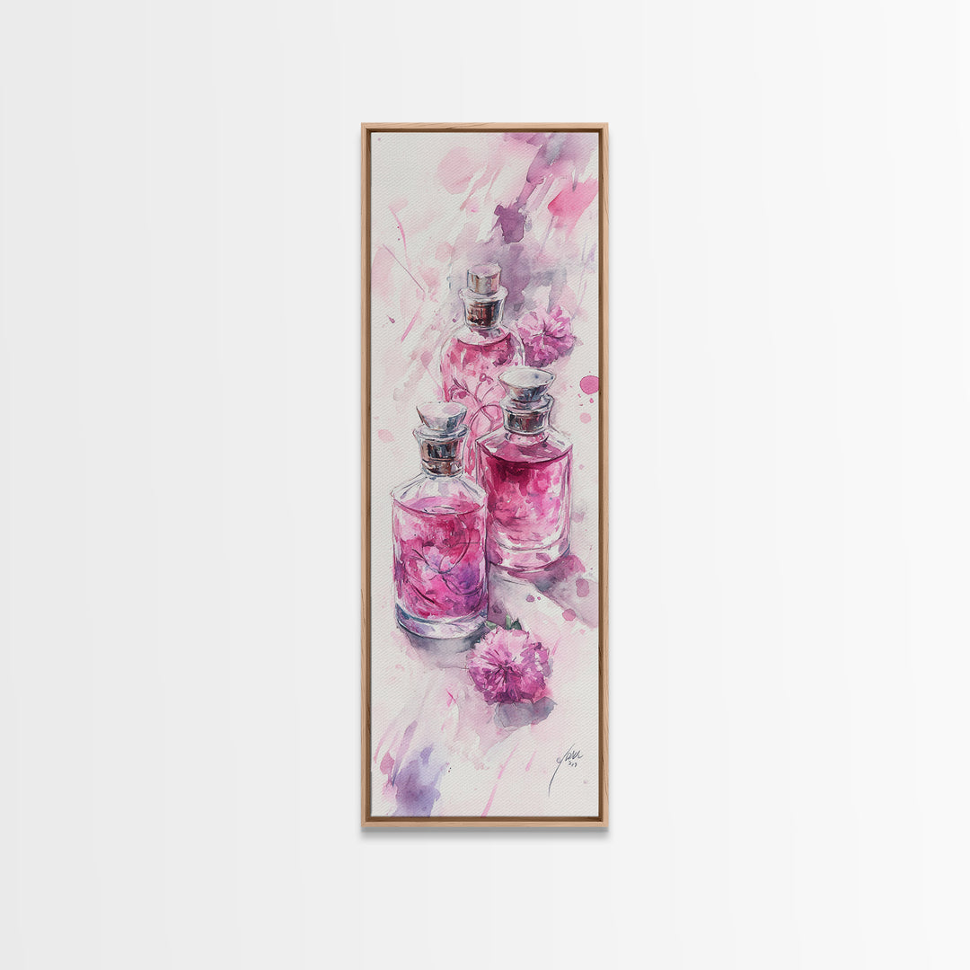 Perfume Bottles Canvas Print - Elegant Pink Abstract Art, Feminine Glass Bottles Artwork, Gift Idea for Her, Bedroom Wall Decor